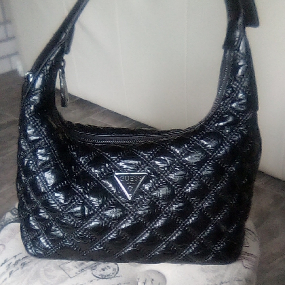 GUESS Shiny Black Quilted Shoulder Bag NWOT